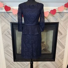Adrianna Papell Navy Blue Lace Peplum Cocktail Dress with 3/4 Sleeves Small