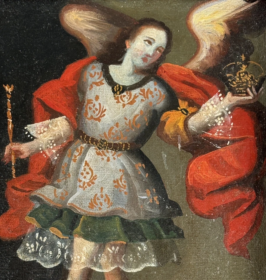 Antique Cuzco Spanish Colonial Angel St. Michael Oil Painting Archangel Saint #3 - Image 3 of 4