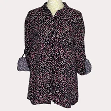 Hering Roll Tab Print Button Front Blouse Shirt Top Blue Pink M am