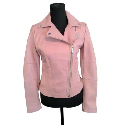 Michael Kors Blush Pink Leather Moto Jacket Cropped Women XS
