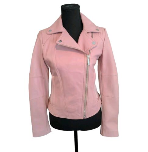 Michael Kors Blush Pink Leather Moto Jacket Cropped Women XS