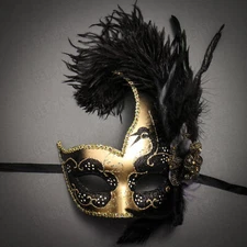 Gold Venetian Elegance Black Side Feather Glitter Masquerade Women Party Mask
