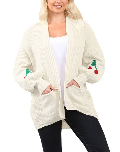 Ladies Balloon Sleeve Cherry Print Knitted Short Cardigan Open Front Knit Top - Picture 6 of 9