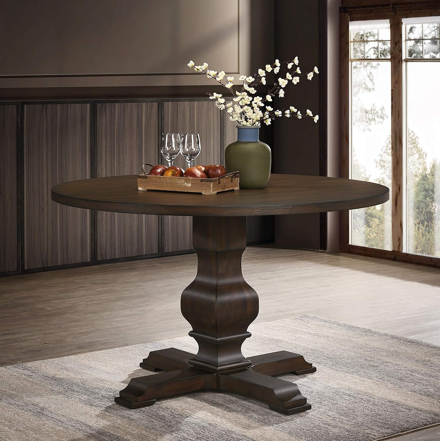 Havre Burnished Oak Round Wood Pedestal Dining Table with Elegant Finish
