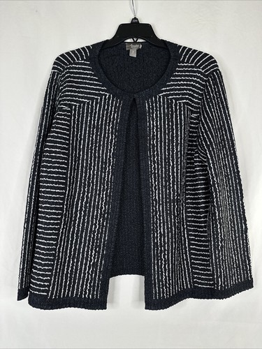 Chicos Travelers Textured Cardigan Womens Size 3 Black White Striped Open Front