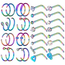 32PCS Nose Hoop Rings Colorful Steel L Bend Nose Studs Piercing Jewelry Kit 20G