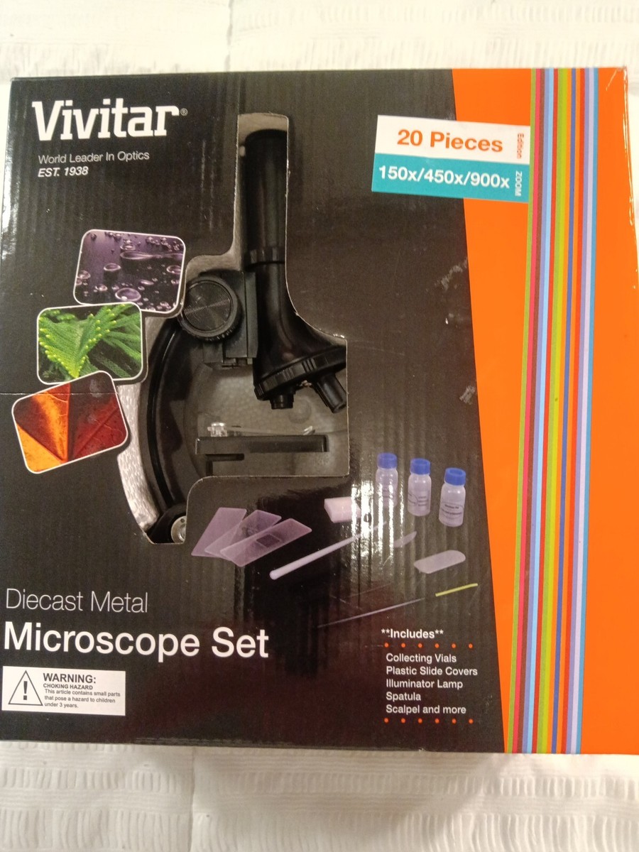 NEW Vivitar Diecast Metal 20 Piece Microscope Set 150x/450x/900x