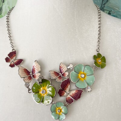 Padma Lakshmi Enamel & Rhinestones Flower Butterfly Necklace PL Rare