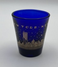 Blue New York, NY Skyline Gold Shot Glass Souvenir Man Cave Gift EUC