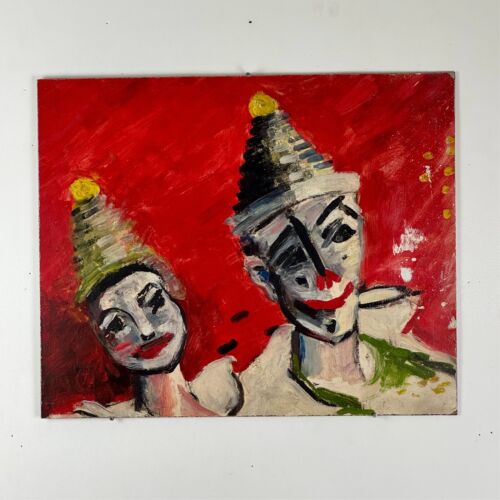 Vintage Oil on Board Painting Of Circus Clown Couple, Portrait