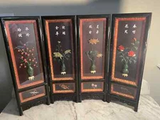 ON SALE!  Asian Tabletop Screen- 4 Glass Panels - Hand Carved Jade floral Panels