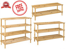 3 4 TIER SHOE STAND RACK ORGANISER NATURAL SLATED WOOD FOOTWEAR STORAGE SHELF