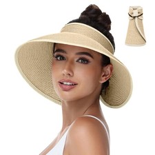 Sun Hats Visor for Women, UV UPF Straw Beach Hat Foldable Wide Brim Ponytail ...