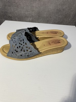 Spring Step Italy Blue Leather Laser Cut Floral Wedge Sandals Women 41 US 9.5-10