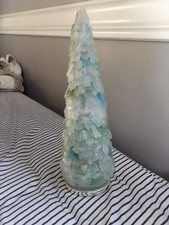 Sea Glass Christmas Tree - AQUA AND WHITE 14  HIGH On 4 Inch Base - Resin ACCENT