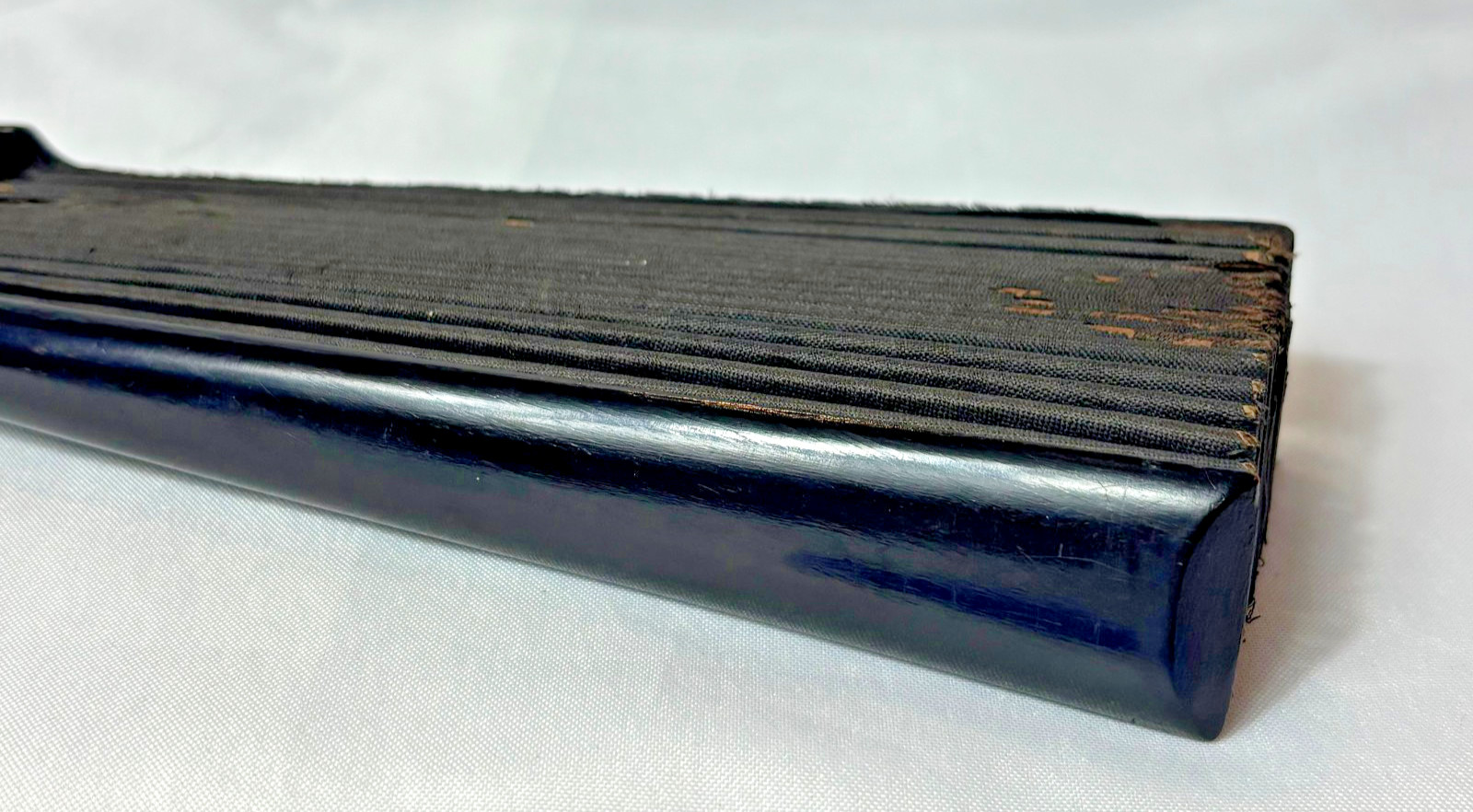 Victorian Mourning Fan Folding Black Satin Painted Flowers & Foliage Black Wood