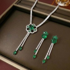 Alloy Green Zircon Tassel Necklace Earrings Set SilverTone Wedding Party Jewelry