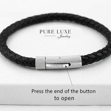 Men's 8" Stainless Steel Black Braided.Leather Bracelet High Polish BOX