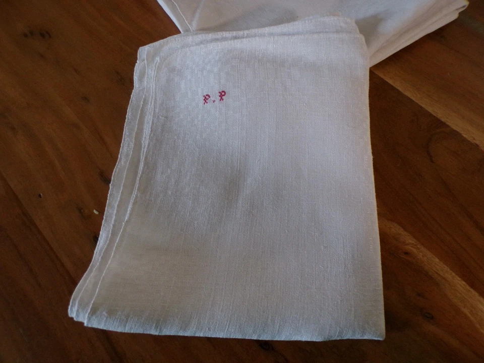 Linge ancien Lot de 3 Torchons métis écru  monogramme PP - Photo 2/4