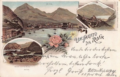 Riva del Garda 1899 Gardasee Castello Mori-Arco-Riva-Bahn Segelboote antike AK
