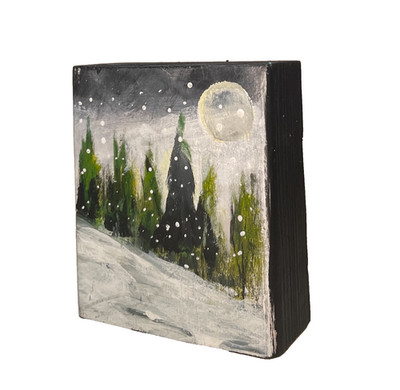 Mary Myers Original Art Block Winter Snowy Trees glowing Moon Reclaimed Wood