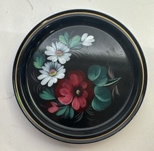 Vtg 1960s Russian Toleware 7" Round Tray Hand Painted Flowers on Black Lacquer