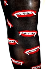 One Pr Womens Pantyhose Tights Sz S/M Vampire Dracula Fangs Goth Emo Halloween 