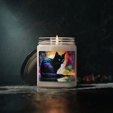 Black Cat Scented Soy Candle - 9oz Glass Jar, Mystical Design, Long Burn Time