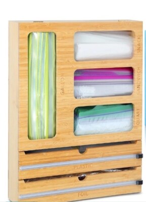 New Storage Bag Organizer Bamboo For Bags Plastic Wrap Foil W/Cutter 5 Bag Sizes