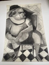 ANTIQUE DRAWING PORTRAIT MID CENTURY 36 INCH CUBISM LARGE  WALTER E COHEN JR