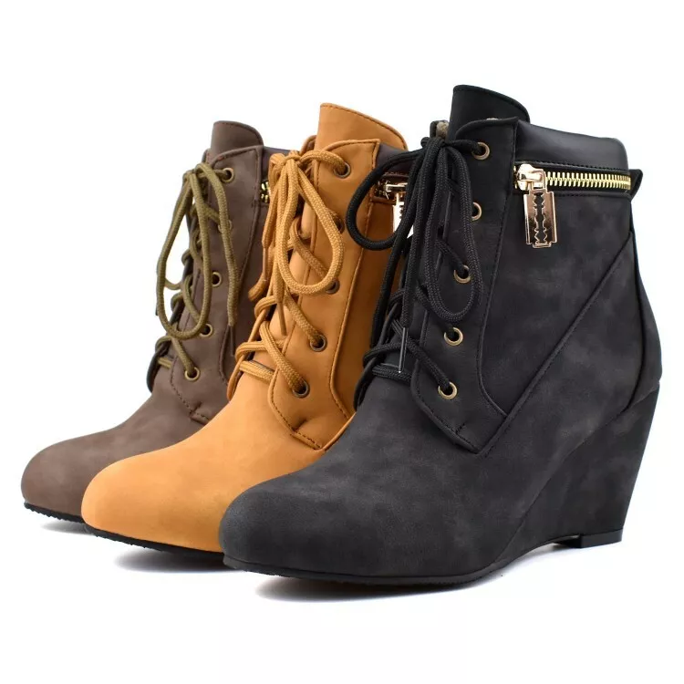 Women High Wedge Heel Ankle Boots Fashion Lace Up Trend Comfort