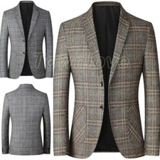 Men Check Blazer Jacket Suit Coat Two Button Pocket Lapel Business Workwear