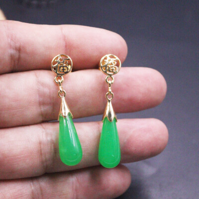 Handmade Chalcedony Earrings Hook Gold-Plated Green Jade Earrings Dangle