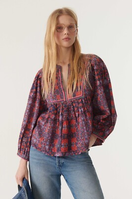 Ba&sh Jade Blouse Top Floral Printed Embroidered Cotton Blue Resort M-2 275169