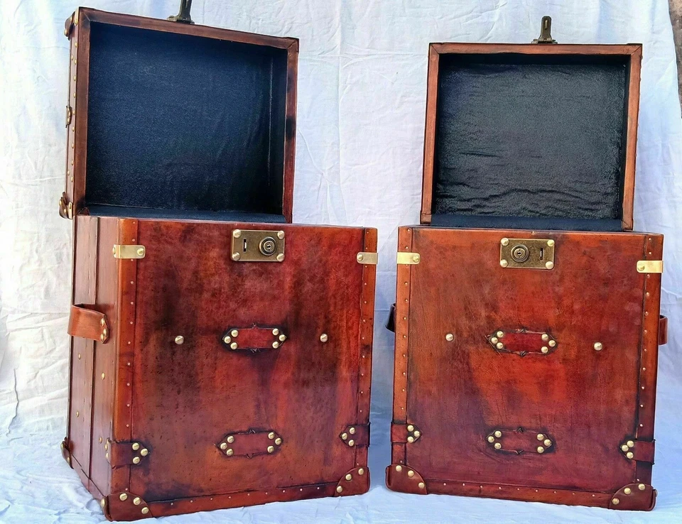 Pair of Finest English Leather Antique Inspired Side Table Trunk and Chest - Image 2 of 4