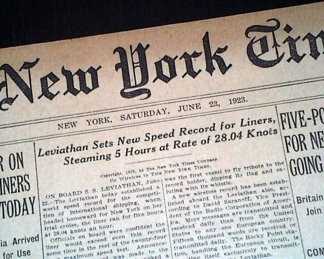 SS Leviathan Transatlantic Ocean Liner New Speed Re3cord Set 1923