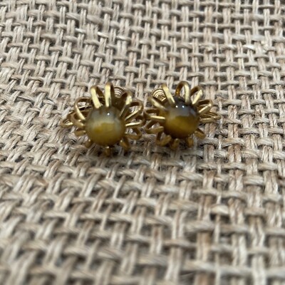 Vtg MIRIAM HASKELL Earrings Signed Tiger Eye Caged Gold Tone Screw Back Clip On