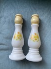 Vintage Set of 2 Avon 1970s Milk Glass Candle Stick Holders Floral Pattern 7.5'