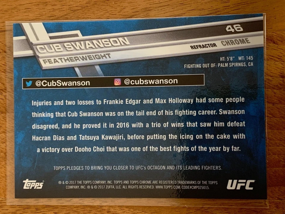 2017 UFC Topps Chrome Cub Swanson Refractor  Silver #46 (B897) - Image 2 of 2
