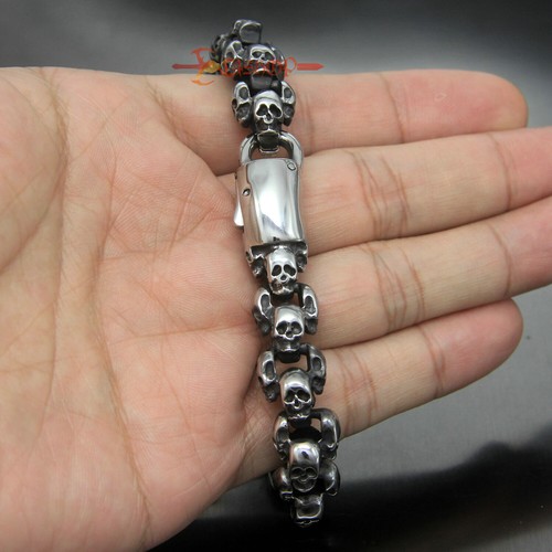 Heavy Men Gothic Skulls Link Chain Bracelet Necklace Stainless Steel Silver Tone - Picture 11 of 24