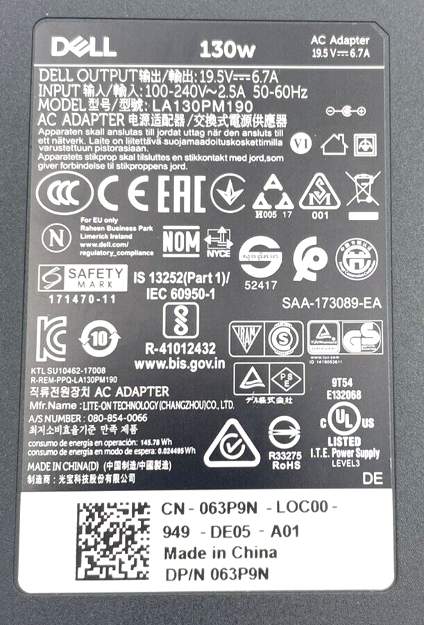 Genuine Dell Thunderbolt Dock TB16 K16A 130W AC Adapter Charger Power