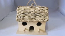 Wood Bird House With Woven Jute  Roof To Be Painted Hanging Kit 7 x 5 3/4 x 6