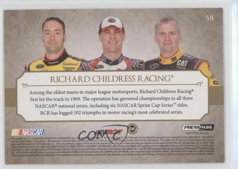 2013 Showcase Classic Collections /349 Paul Menard Kevin Harvick Jeff Burton #58 - Image 2 of 2
