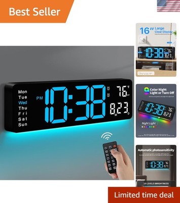 Digital Wall Clock, 16'' Large Display Digital Clock with Remote Control, Auto...