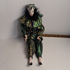 Porcelain Harlequin Pierrot Jester Clown Doll Green Gold Black Lam Large 14-16"