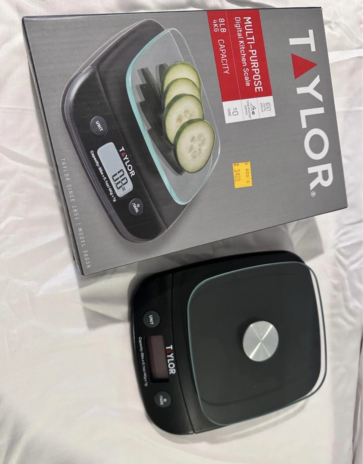 Taylor 3800N Digital Kitchen Scale, Black Glass Platform, Tare, 8lb/4kg