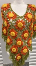 Knit Crochet Shawl Poncho Flowers Cottage Core Granny Vintage Hand Made
