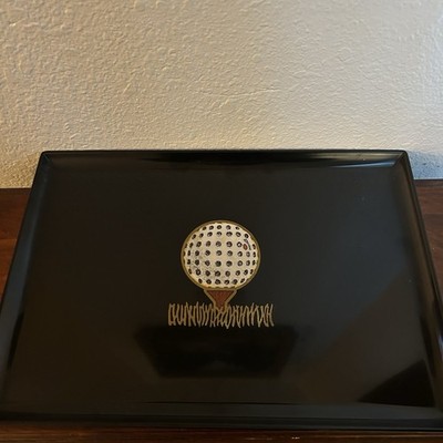 1960s COUROC Monterey CA TEED UP GOLF BALL 18 x12.5  BLACK TRAY MidCentury