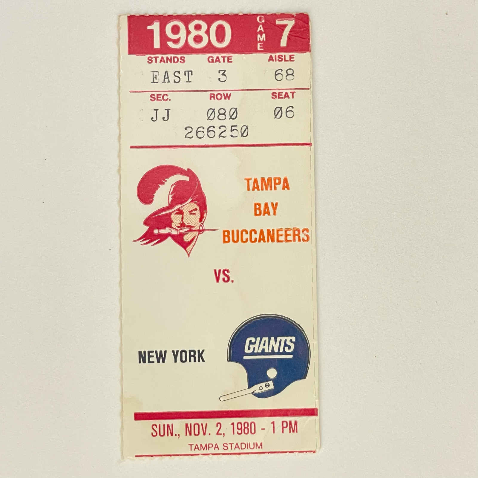 Tampa Bay Buccaneers vs Giants 11/2/1980 Ticket, Phil Simms 155 Yds 1 TD