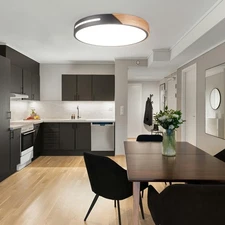 16" Modern LED Ceiling Light – Wood & Black Ring – Flush Mount – 36W – 5CCT Adj